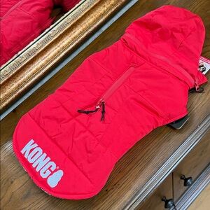 KONG Vibrant Red Pet Coat with stowaway hood and zippered storage pouch. Size S.